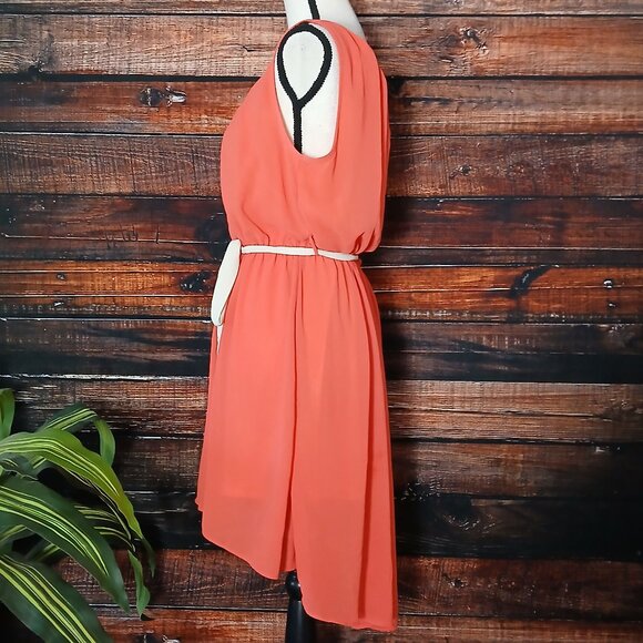 Double Zero Dress Large Belted Elastic Waist Flowy Sheer Lined Hi Low Keyhole - Picture 4 of 11